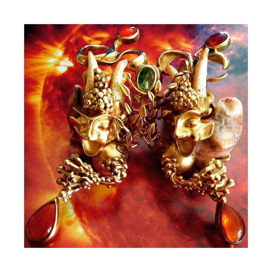 finejewelry earrings faun gold gemstones fireopal shell fragments of crab fire lava oneofakind atelier artsy picoftheday instagood haveaniceday