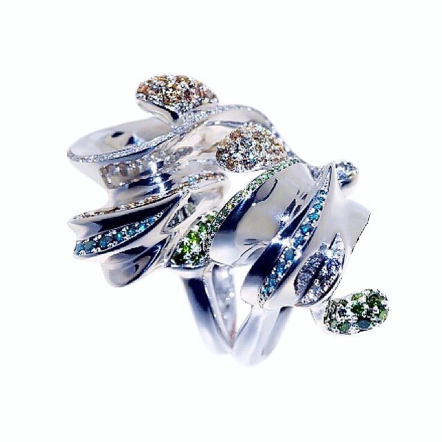 finejewellery double ring whitegold rhodium blue green grey diamonds wearableart sculpture based on music songoftheearth gustavmahler oneofakind instajewelry instagood haveaniceday